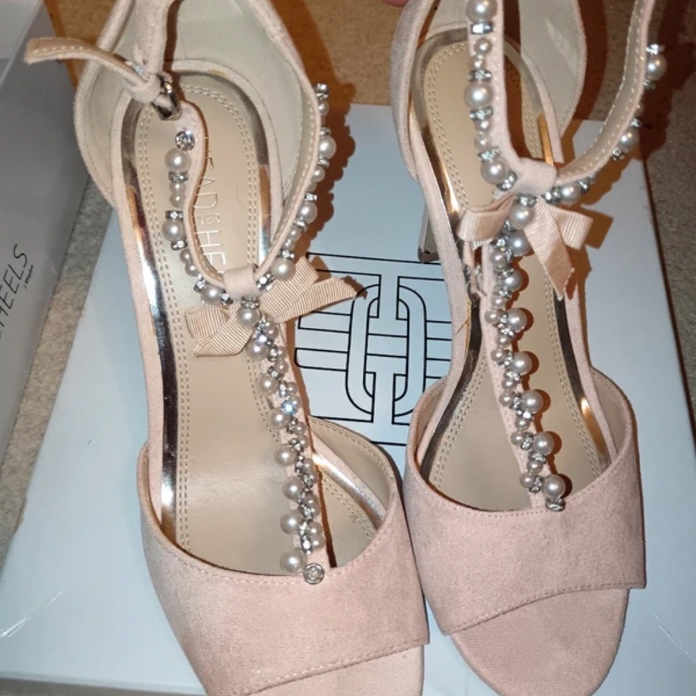 Elegant Blush Heels with Pearl Detailing